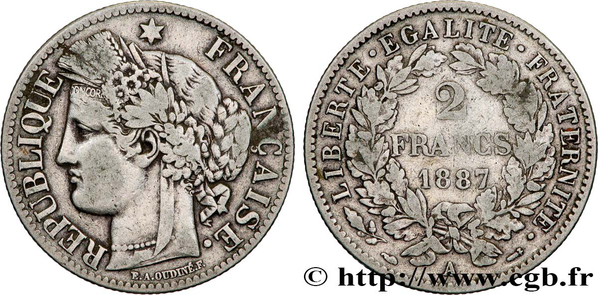 2 francs Cérès, avec légende 1887 Paris F.265/13 TB25 