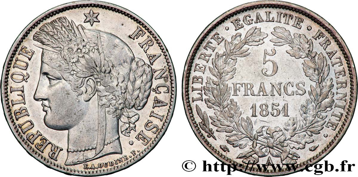 5 francs Cérès, IIe République 1851 Paris F.327/7 TTB+ 