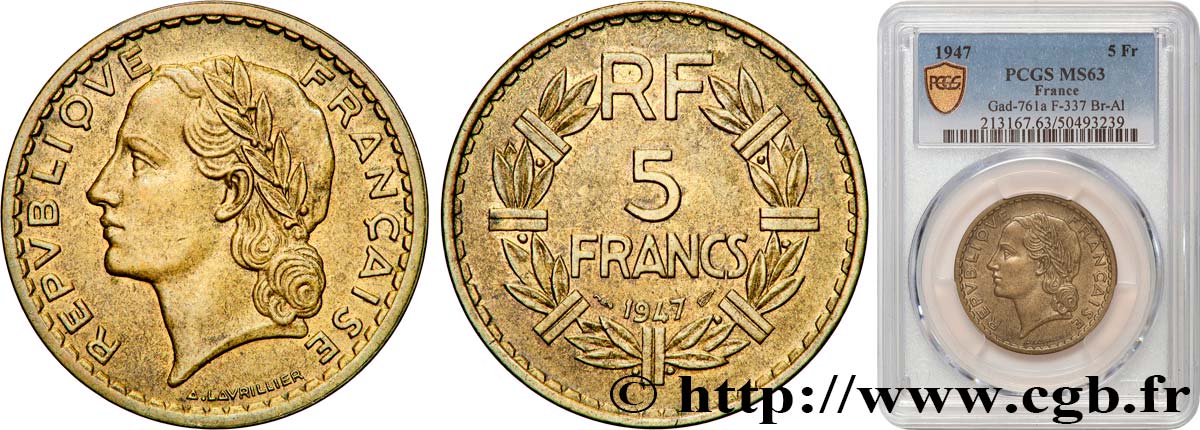 5 francs Lavrillier, bronze-aluminium 1947  F.337/9 SC63 PCGS