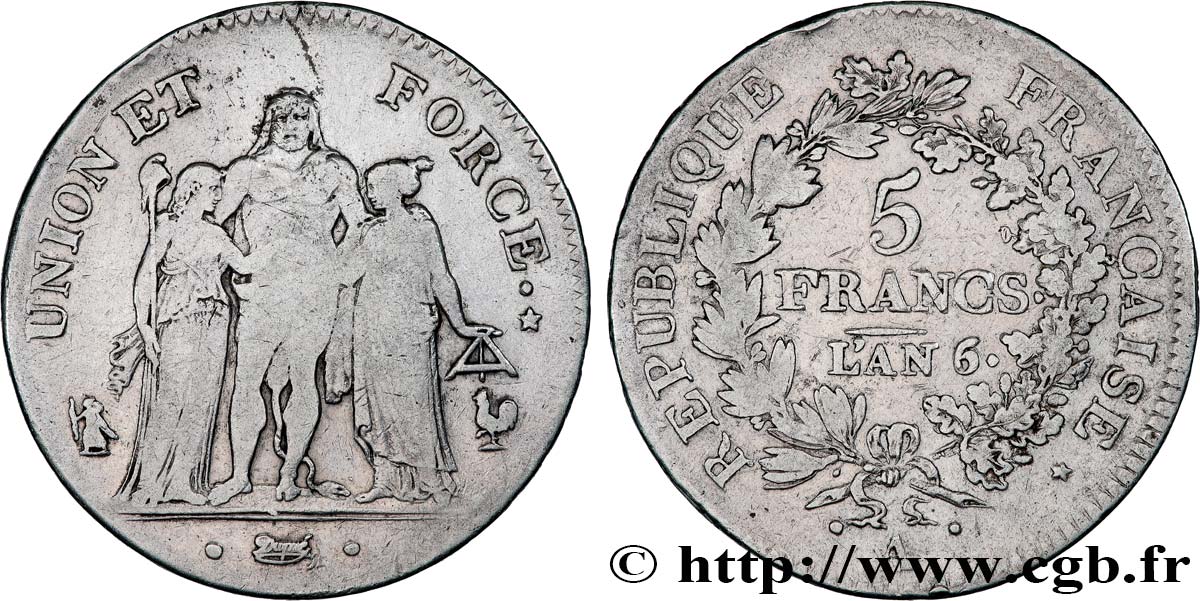 5 francs Union et Force, Union serré, avec glands intérieurs et gland extérieur 1798 Paris F.288/40 VF 
