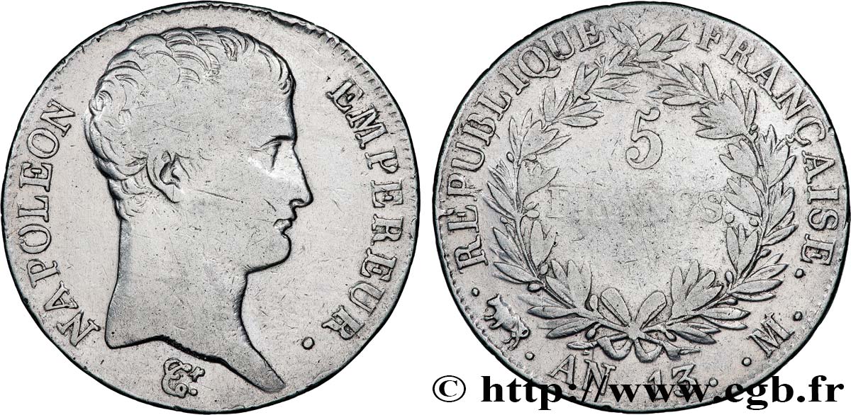 5 francs Napoléon Empereur, Calendrier révolutionnaire 1805 Toulouse F.303/13 TB 