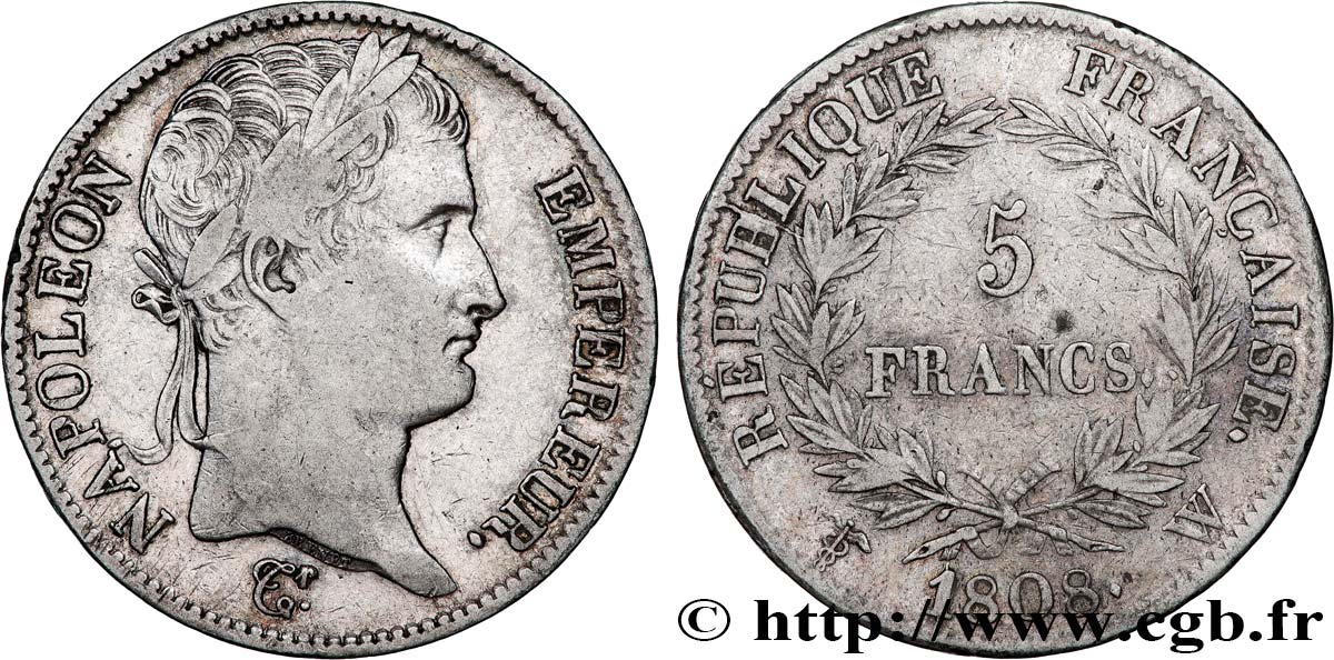 5 francs Napoléon Empereur, République française 1808 Lille F.306/15 VF 