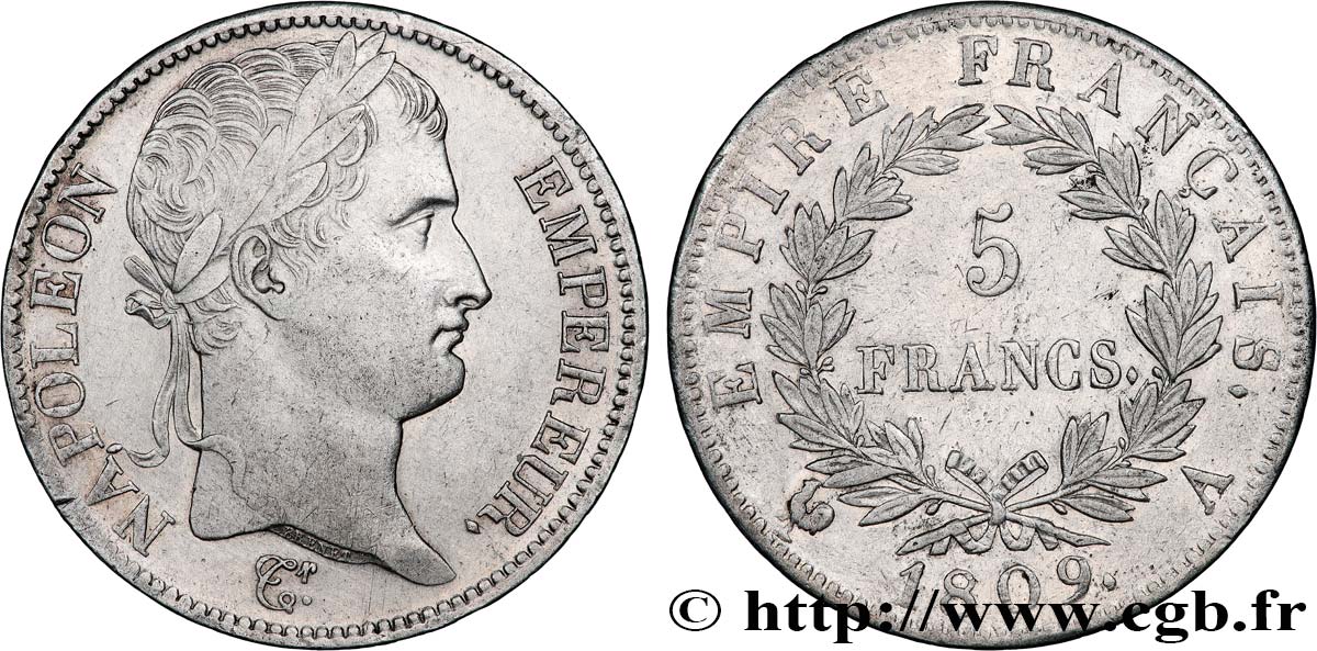 5 francs Napoléon Empereur, Empire français 1809 Paris F.307/1 XF 
