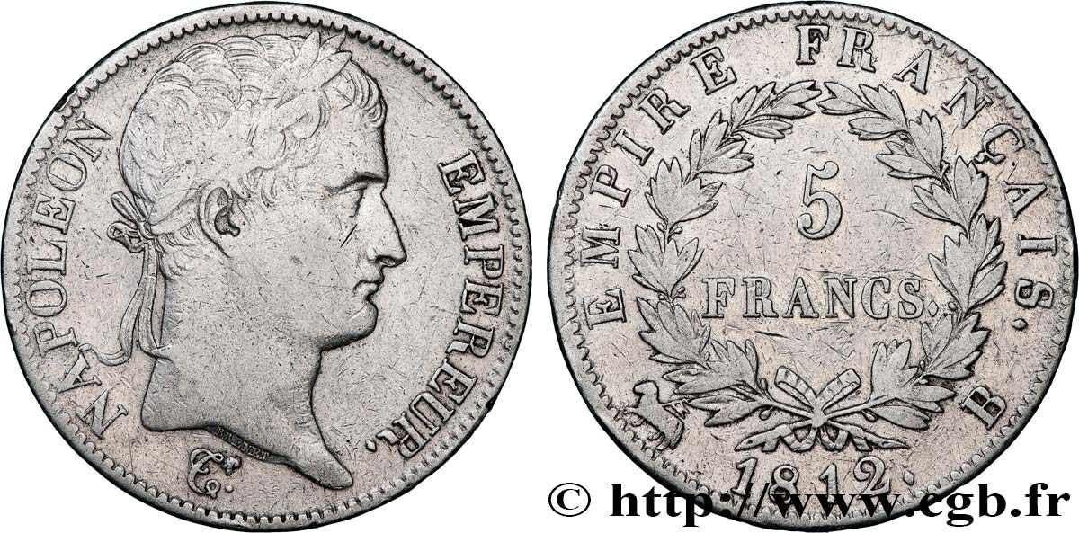 5 francs Napoléon Empereur, Empire français 1812 Rouen F.307/42 TB+ 