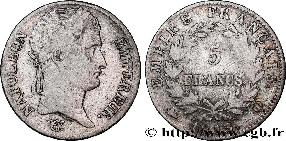 5 francs Napoléon Empereur, Empire français 1813 Perpignan F.307/70 MB/q.MB 