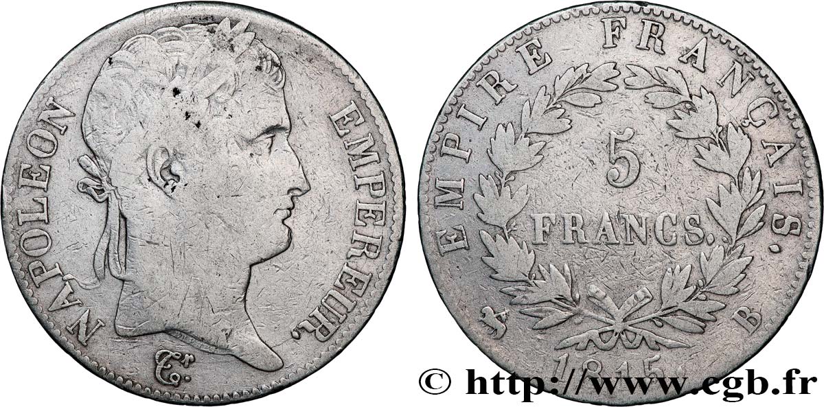 5 francs Napoléon Empereur, Cent-Jours 1815 Rouen F.307A/2 B+ 