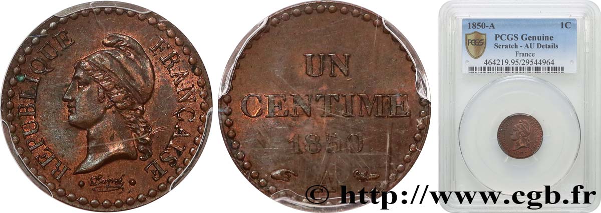 Un centime Dupré, IIe République 1850 Paris F.101/5 AU PCGS