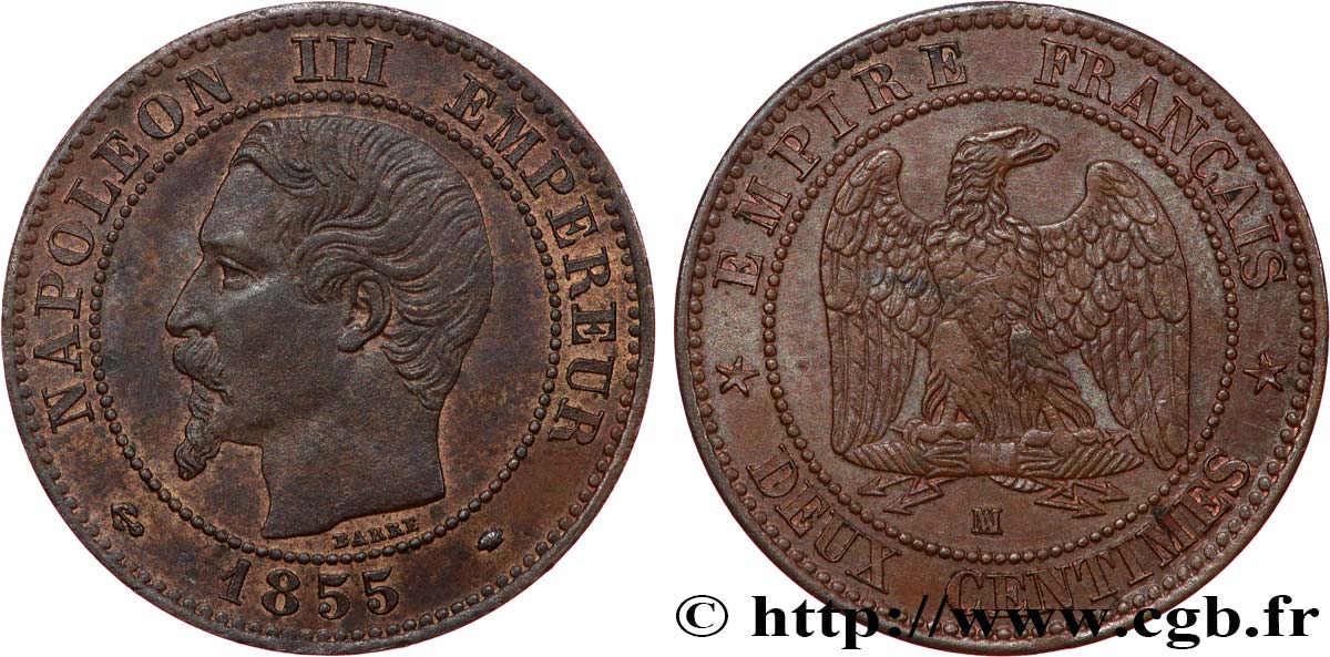 Deux centimes Napoléon III, tête nue 1855 Marseille F.107/36 BB53 