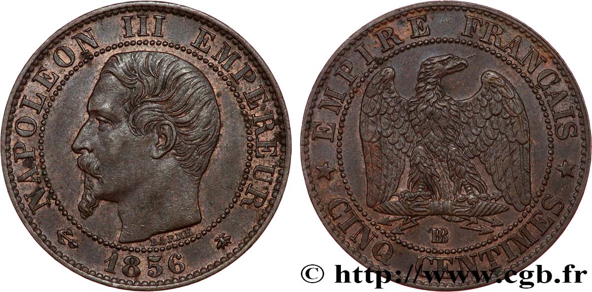 Cinq centimes Napoléon III, tête nue 1856 Strasbourg F.116/32 SUP55 