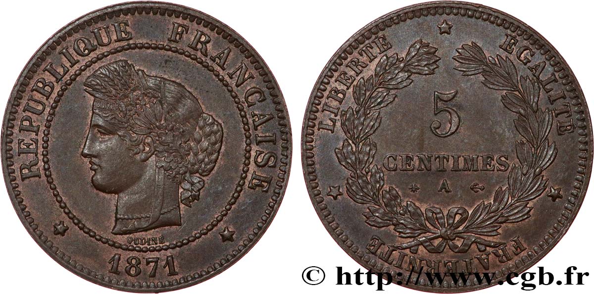 5 centimes Cérès 1871  Paris F.118/2 AU58 
