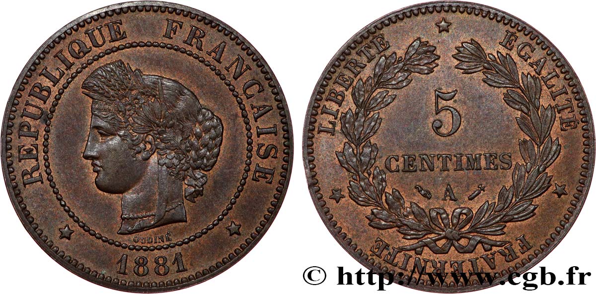 5 centimes Cérès 1881 Paris F.118/22 MS62 