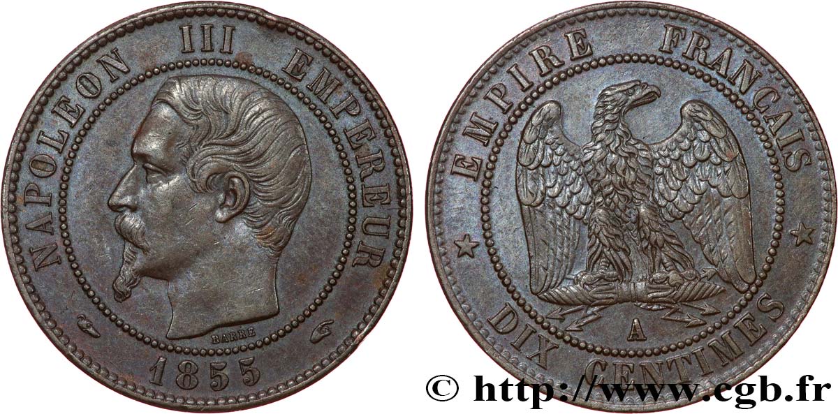 Dix centimes Napoléon III, tête nue 1855 Paris F.133/19 MBC+ 