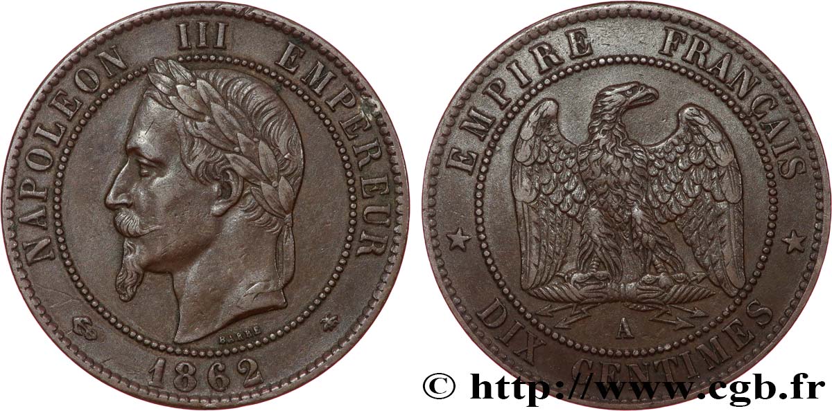 Dix centimes Napoléon III, tête laurée 1862 Paris F.134/7 TTB+ 