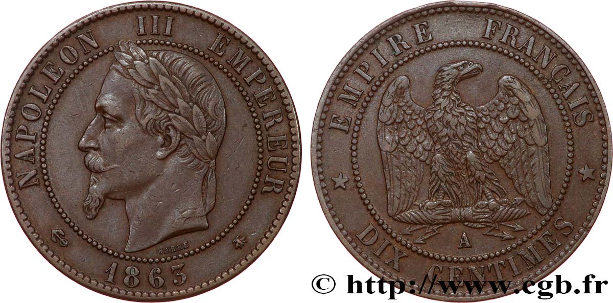Dix centimes Napoléon III, tête laurée 1863 Paris F.134/10 TTB+ 