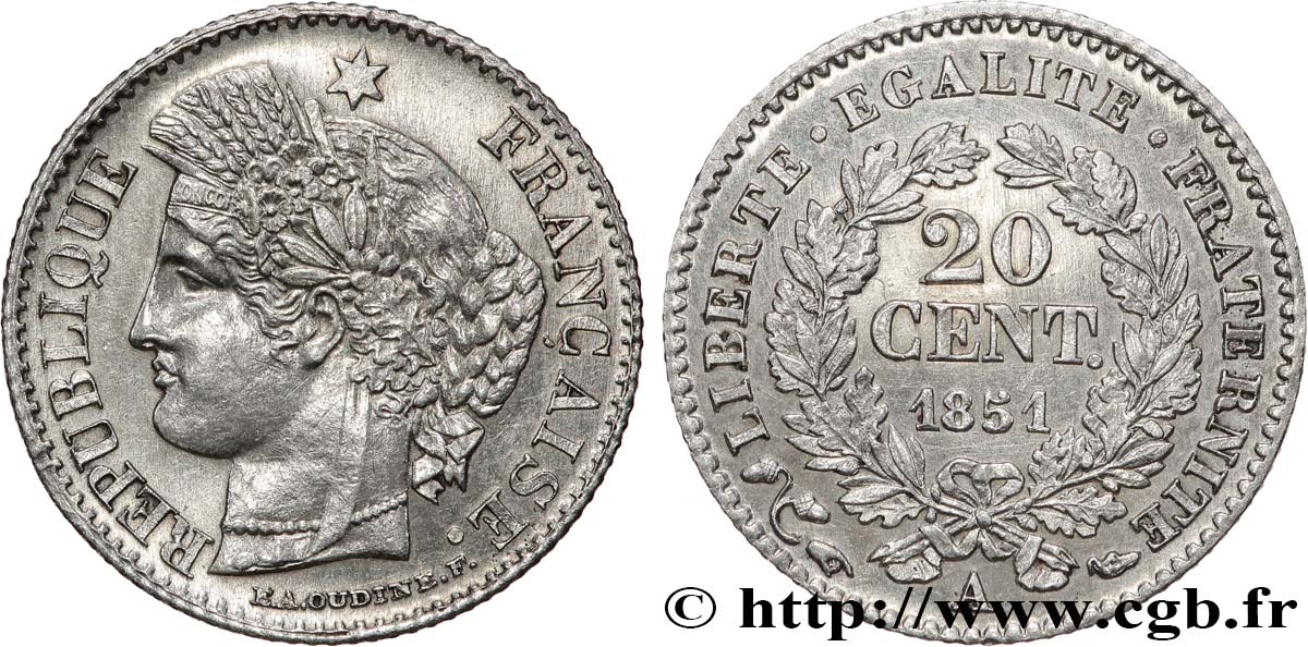 20 centimes Cérès, IIe République 1851 Paris F.146/7 VZ+ 