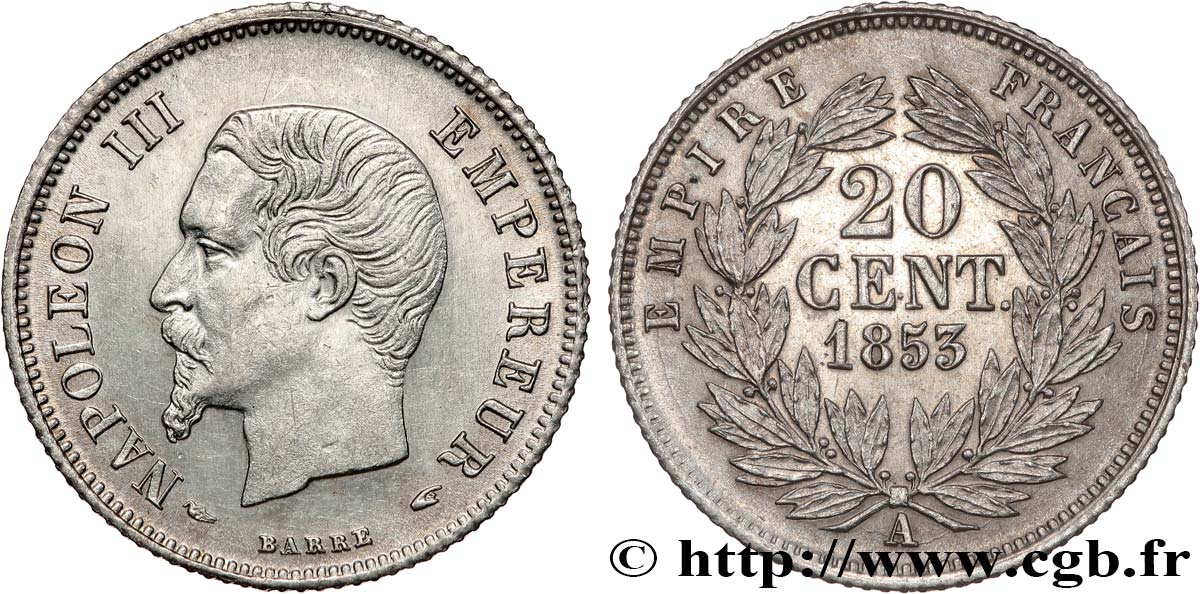 20 centimes Napoléon III, tête nue 1853 Paris F.148/1 SUP+ 
