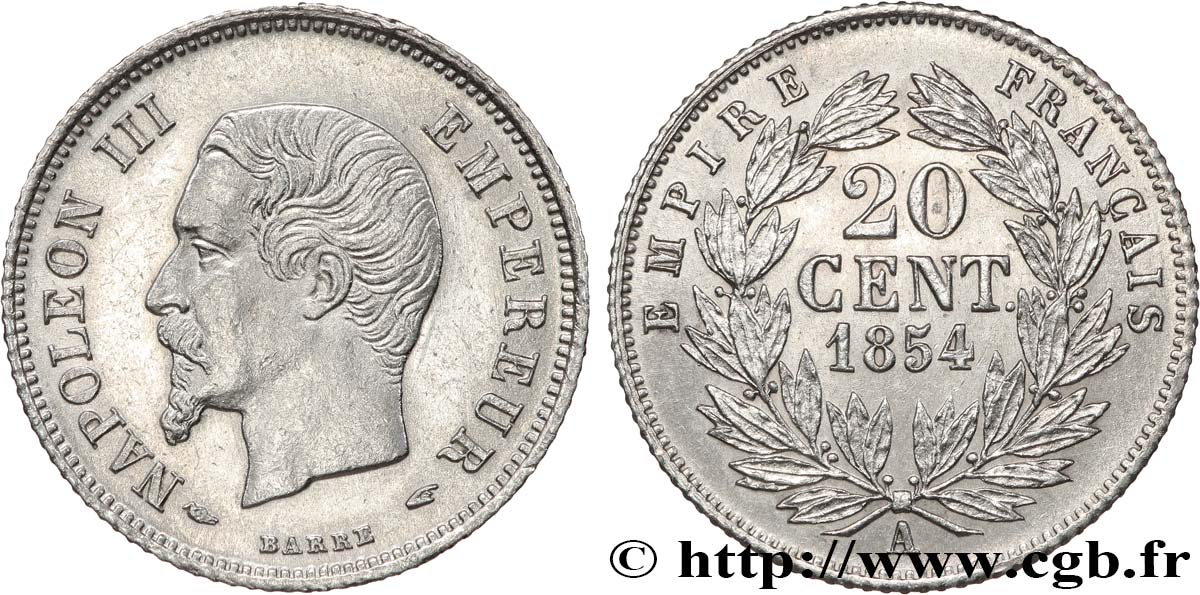 20 centimes Napoléon III, tête nue 1854 Paris F.148/2 EBC+ 