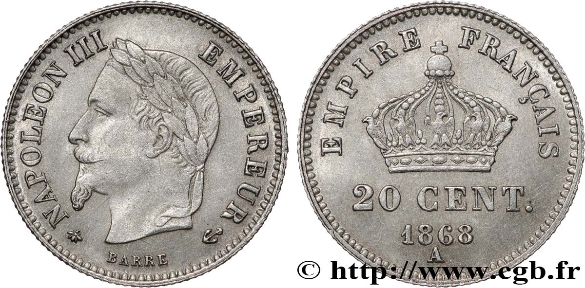 20 centimes Napoléon III, tête laurée, grand module 1868 Paris F.150/4 AU 