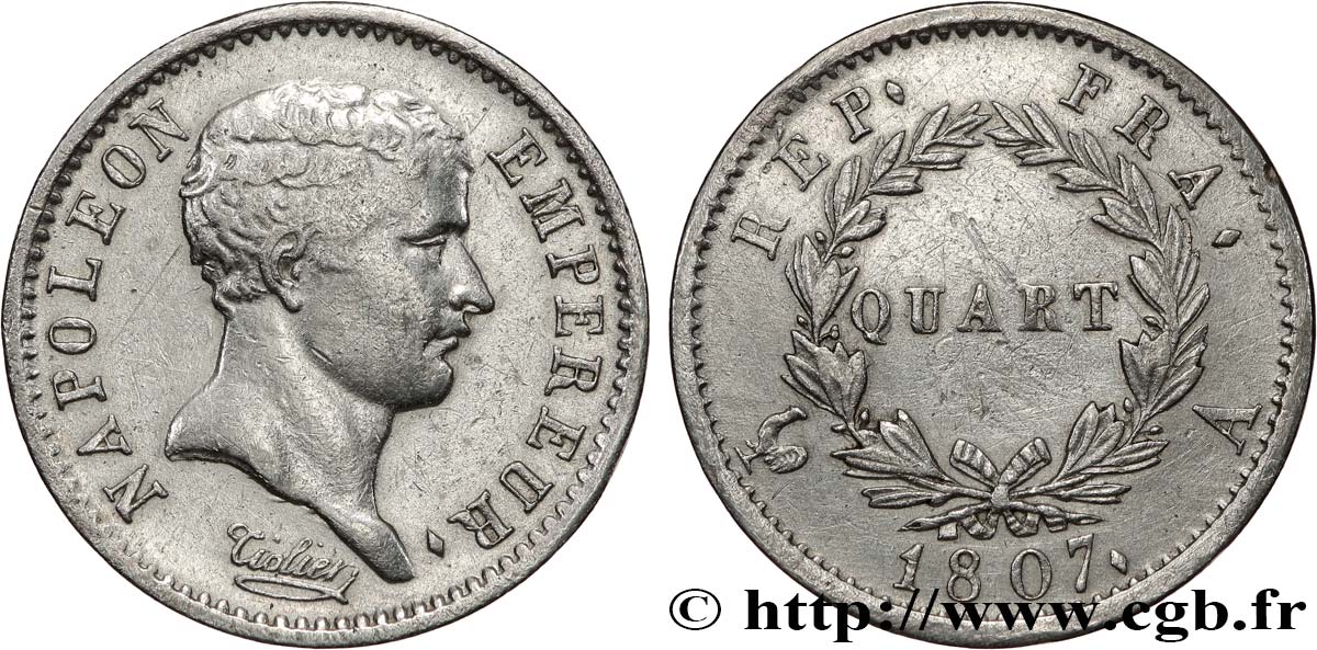 Quart (de franc) Napoléon Empereur, tête de nègre 1807 Paris F.160/1 SS 