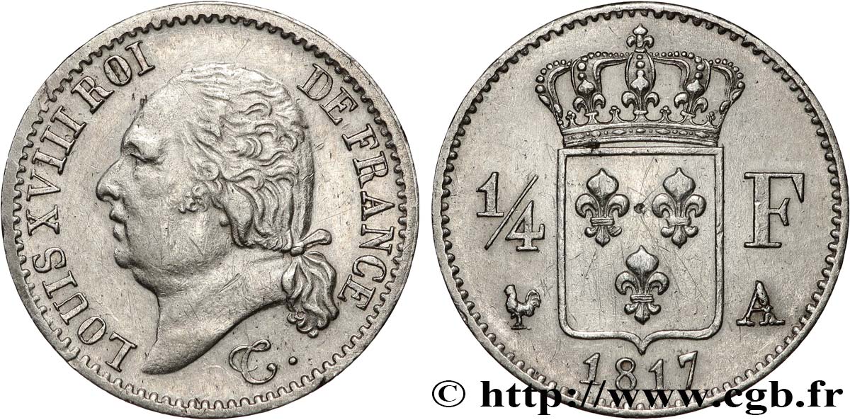 1/4 franc Louis XVIII  1817 Paris F.163/1 AU 