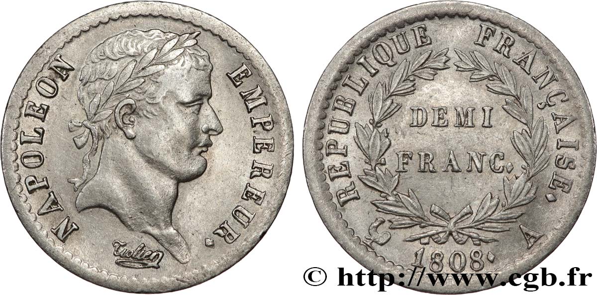 Demi-franc Napoléon Ier tête laurée, République française 1808 Paris F.177/2 TTB50 