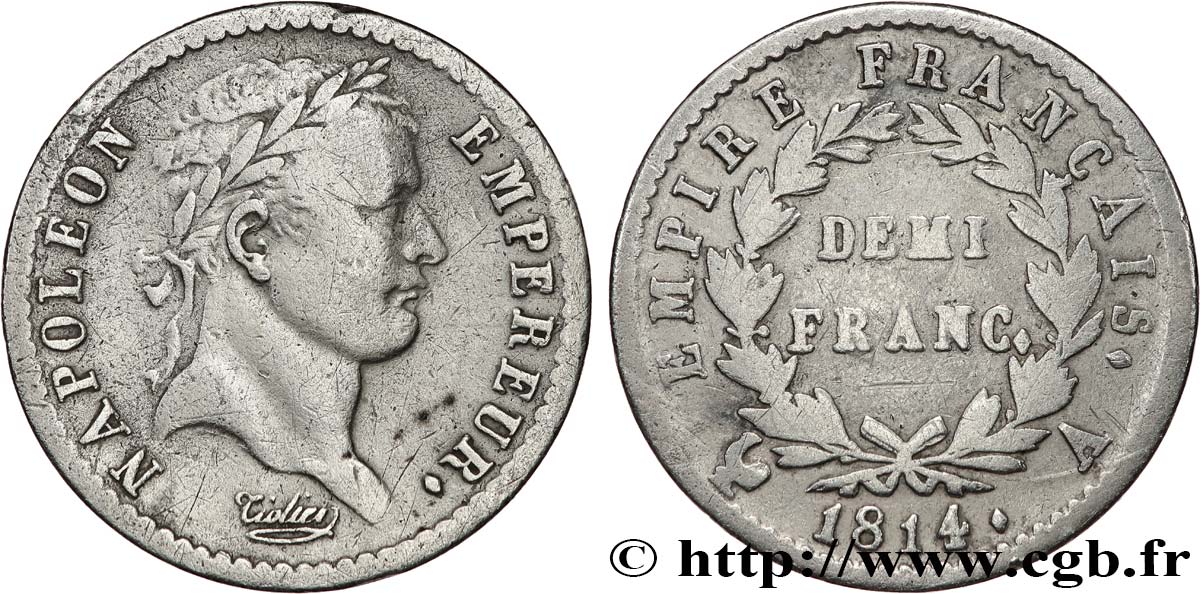 Demi-franc Napoléon Ier tête laurée, Empire français 1814 Paris F.178/64 TB 