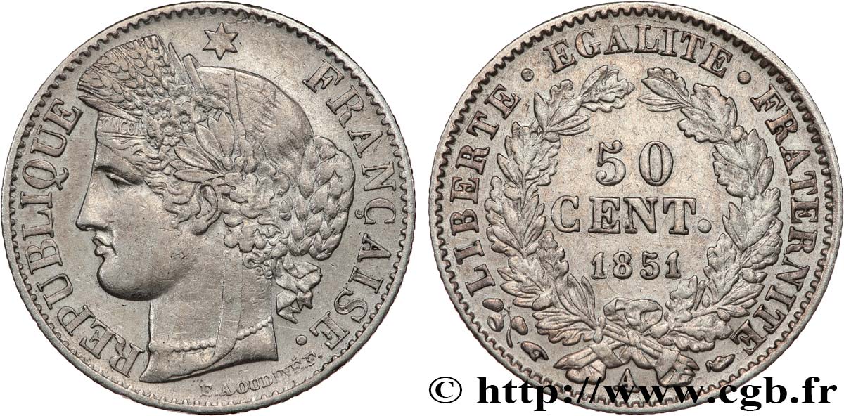 50 centimes Cérès, IIe République 1851 Paris F.184/5 TTB 