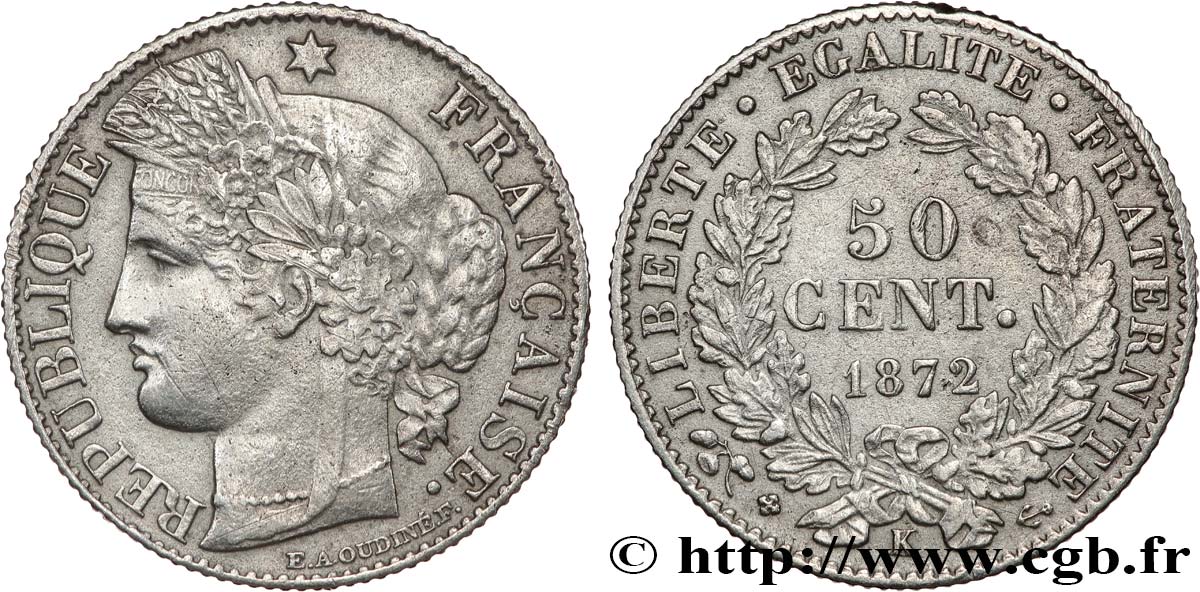 50 centimes Cérès, IIIe République 1872 Bordeaux F.189/4 XF 