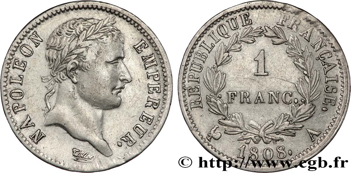 1 franc Napoléon Ier tête laurée, République française 1808 Paris F.204/2 TTB 