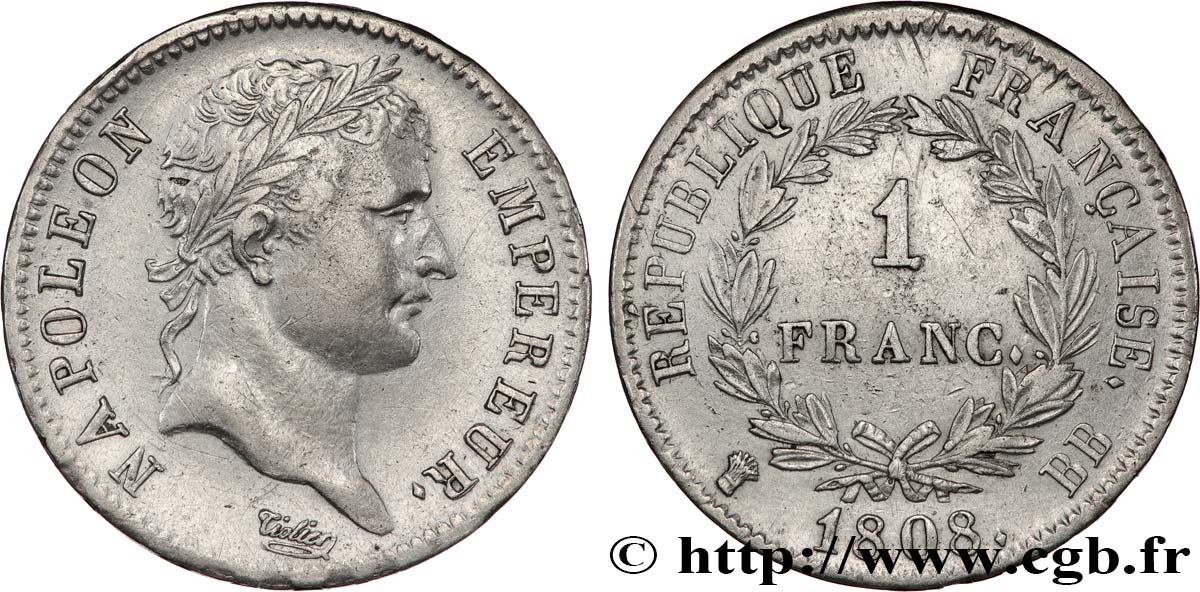 1 franc Napoléon Ier tête laurée, République française 1808 Strasbourg F.204/4 XF 