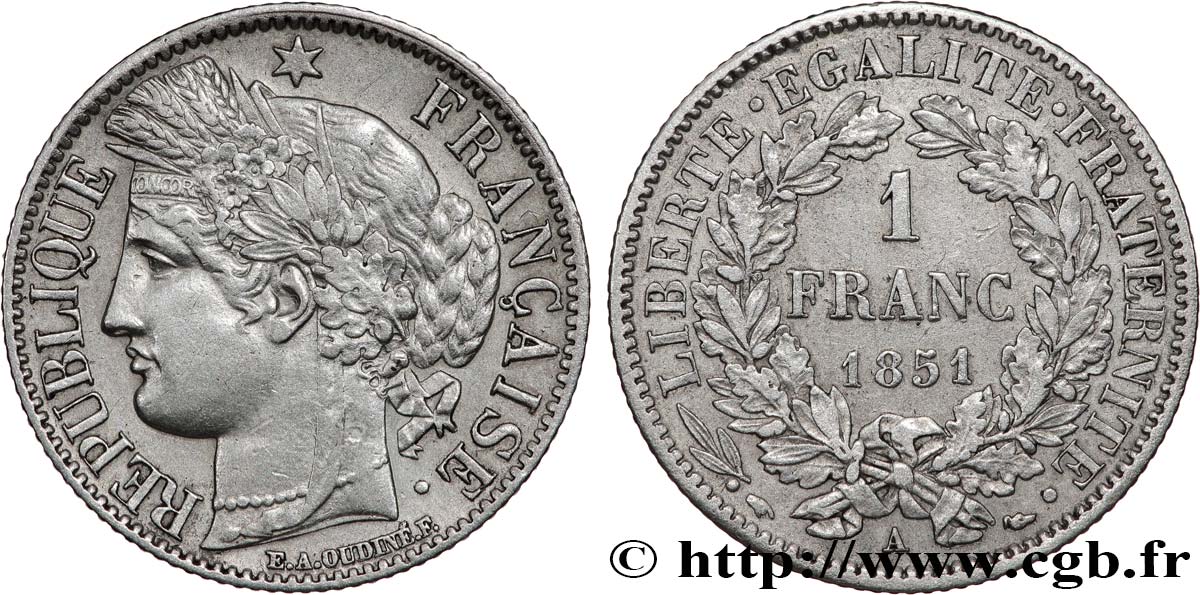 1 franc Cérès, IIe République 1851 Paris F.211/9 AU 
