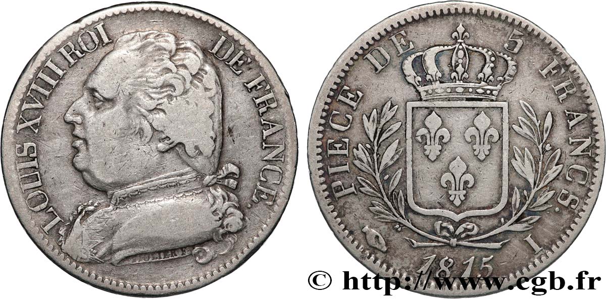 5 francs Louis XVIII, buste habillé 1815 Limoges F.308/20 VF 
