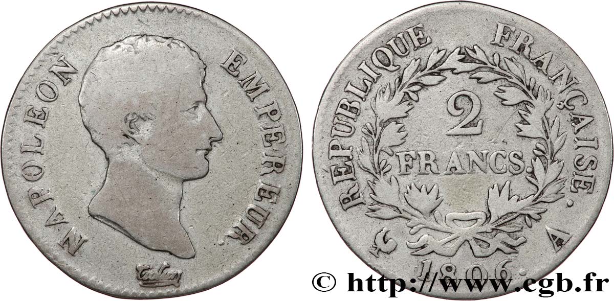 2 francs Napoléon Empereur, Calendrier grégorien 1806 Paris F.252/1 B+ 