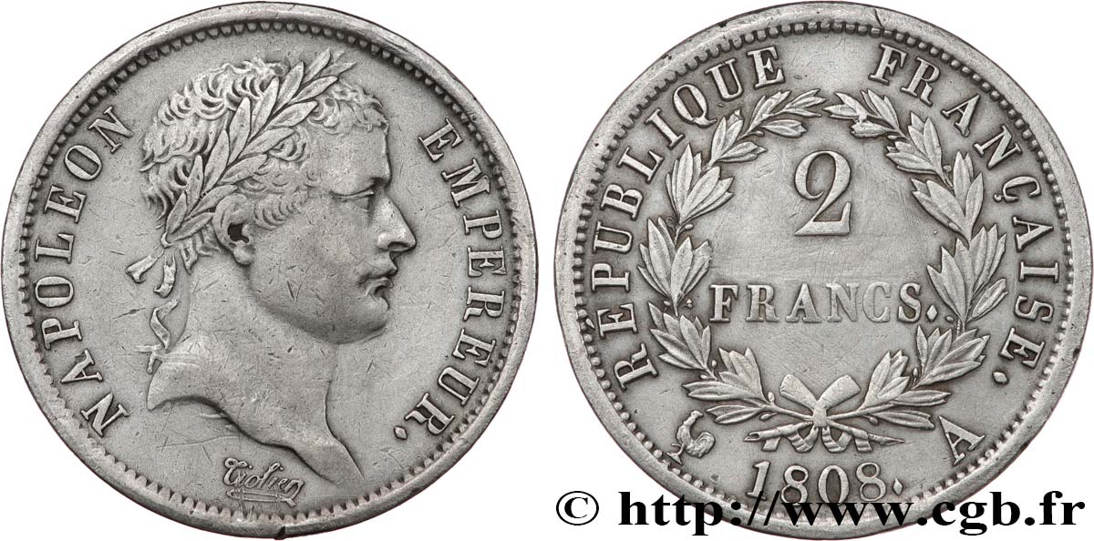 2 francs Napoléon Ier tête laurée, République française 1808 Paris F.254/4 SS 