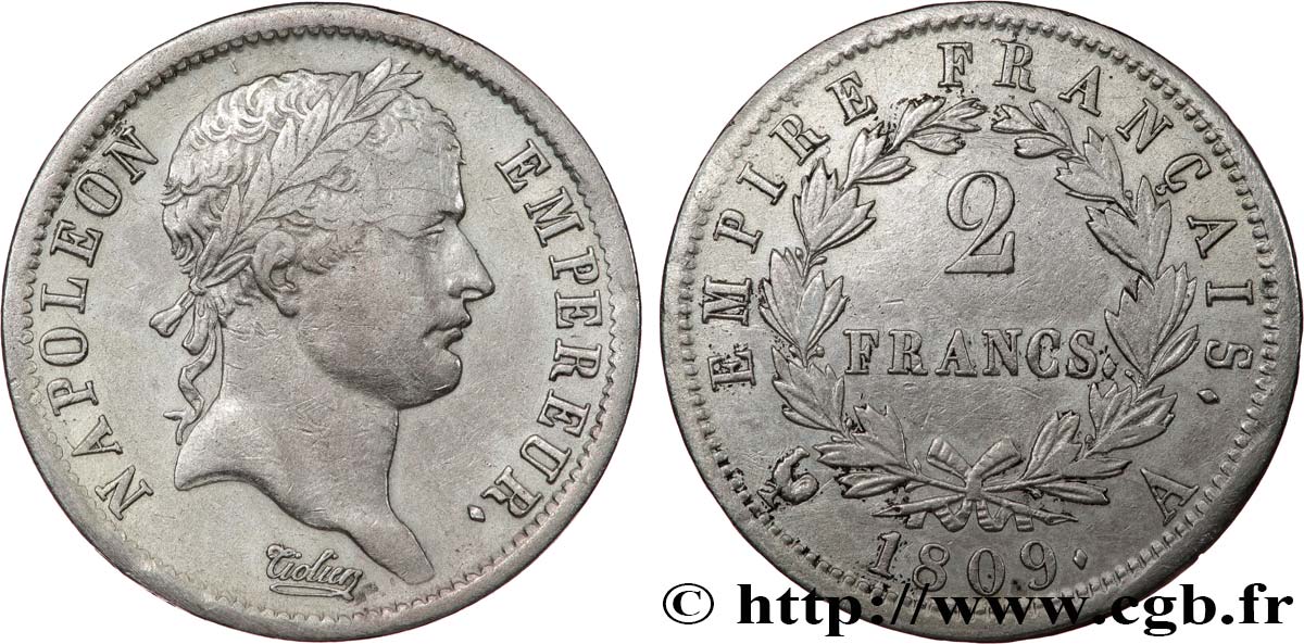 2 francs Napoléon Ier tête laurée, Empire français 1809 Paris F.255/1 TB+ 