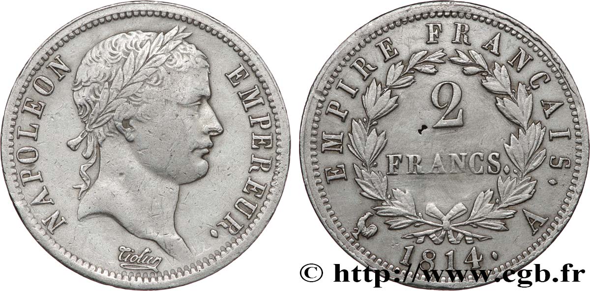 2 francs Napoléon Ier tête laurée, Empire français 1814 Paris F.255/67 VF 