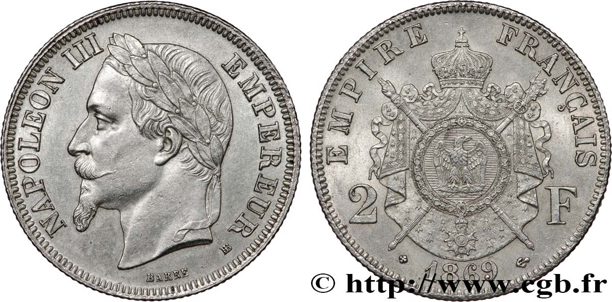 2 francs Napoléon III, tête laurée 1869 Strasbourg F.263/11 AU 