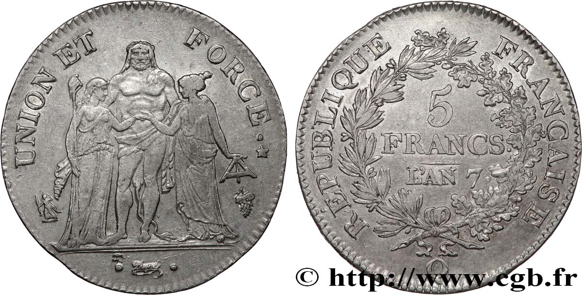 5 francs Union et Force, Union serré, avec glands intérieurs et gland extérieur 1799 Perpignan F.288/120 XF40 