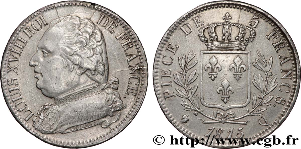 5 francs Louis XVIII, buste habillé 1815 Perpignan F.308/29 fVZ 