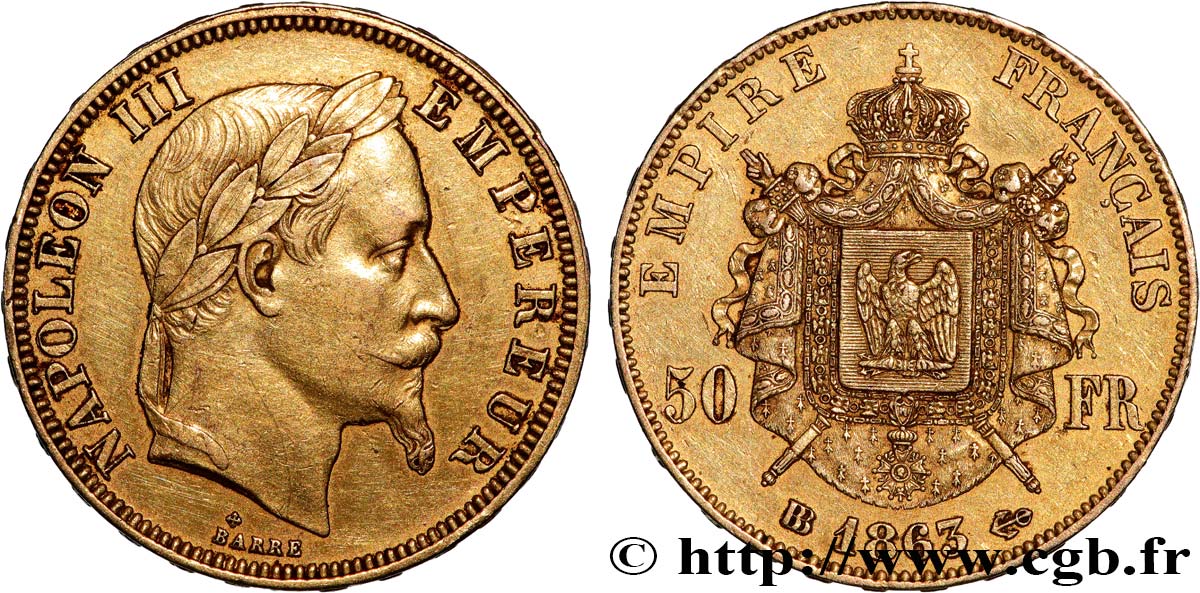 50 francs or Napoléon III, tête laurée 1863 Strasbourg F.548/3 q.SPL 