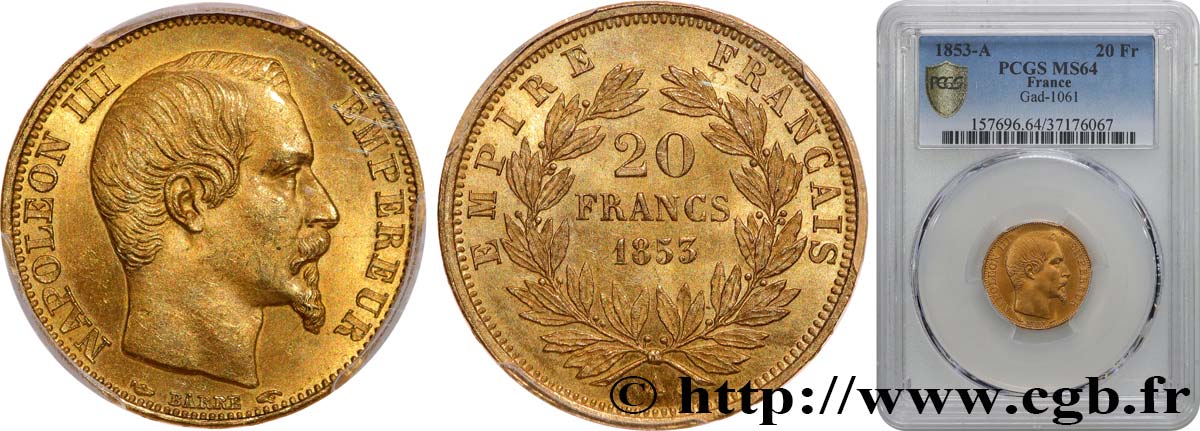 20 francs or Napoléon III, tête nue 1853 Paris F.531/1 SC64 PCGS