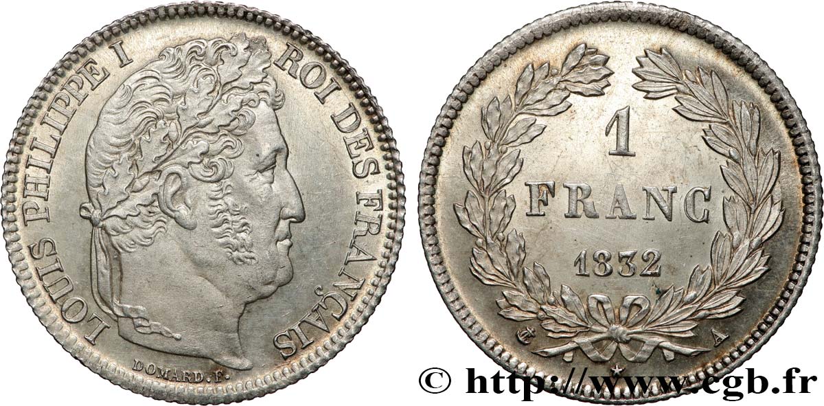 1 franc Louis-Philippe, couronne de chêne 1832 Paris F.210/1 MS 