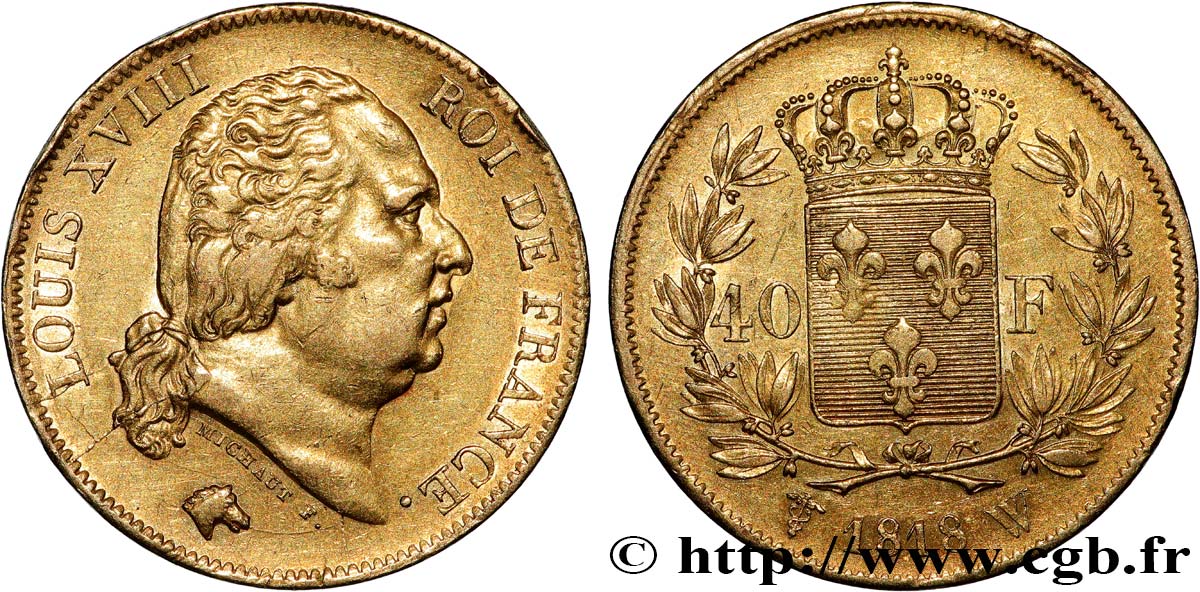 40 francs or Louis XVIII 1818 Lille F.542/8 MBC 