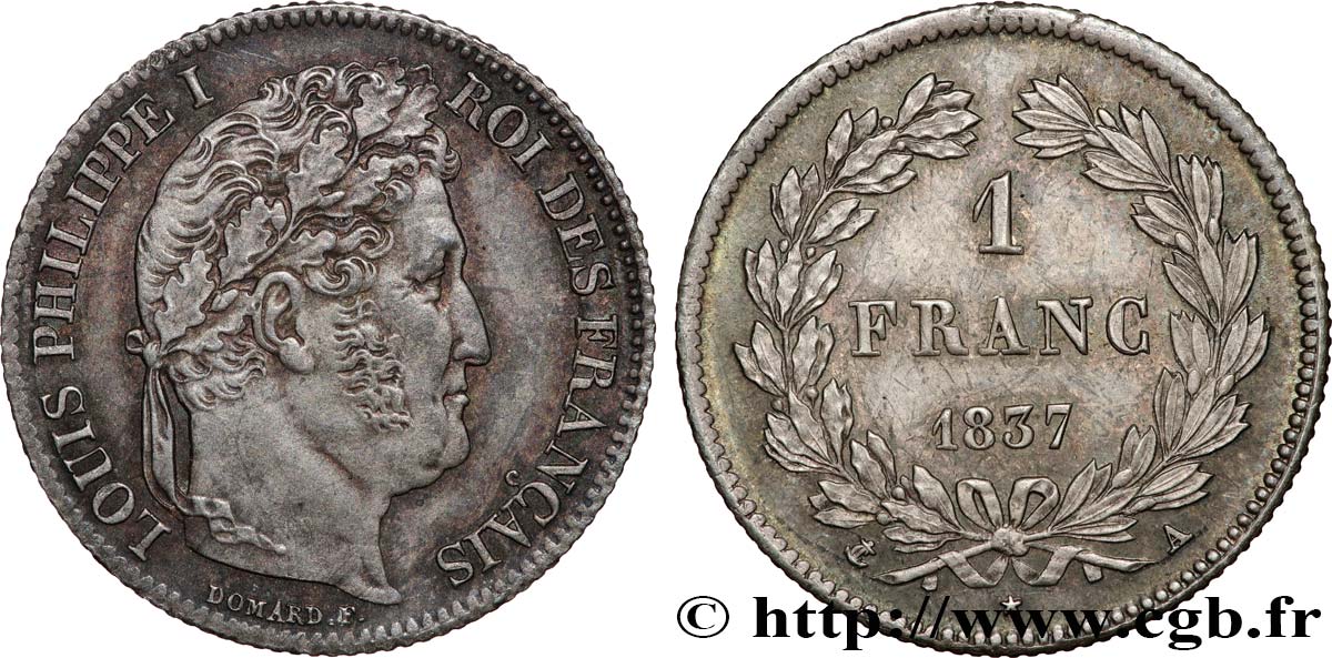 1 franc Louis-Philippe, couronne de chêne 1837 Paris F.210/55 VZ58 