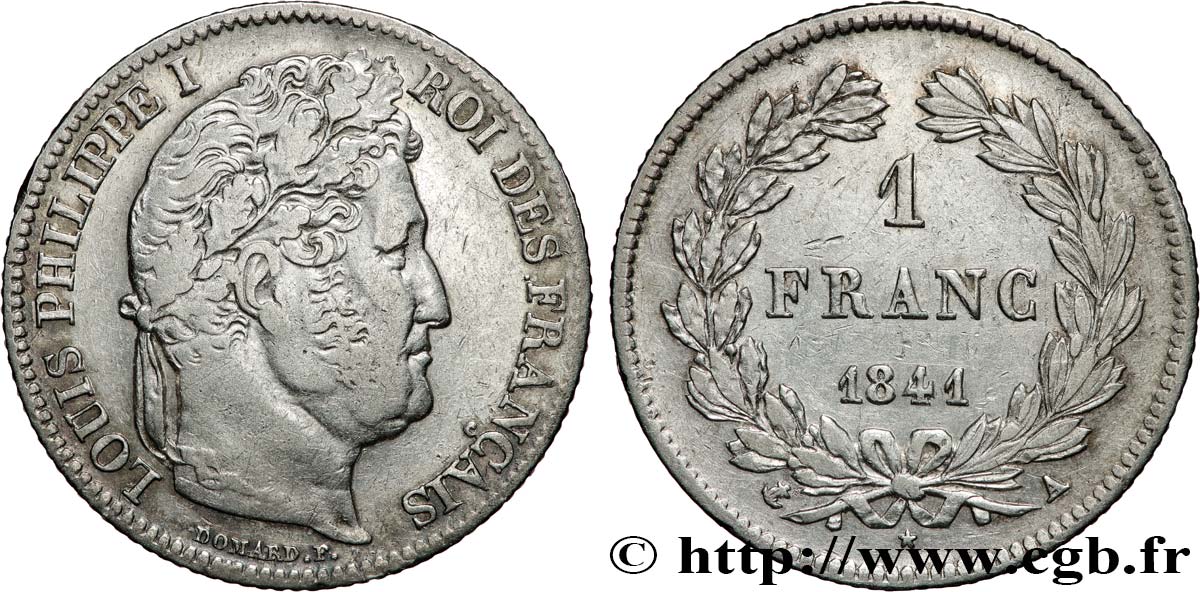 1 franc Louis-Philippe, couronne de chêne 1841 Paris F.210/80 TB 