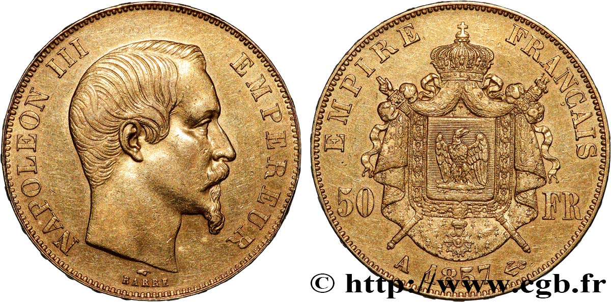 50 francs or Napoléon III, tête nue 1857 Paris F.547/4 XF 
