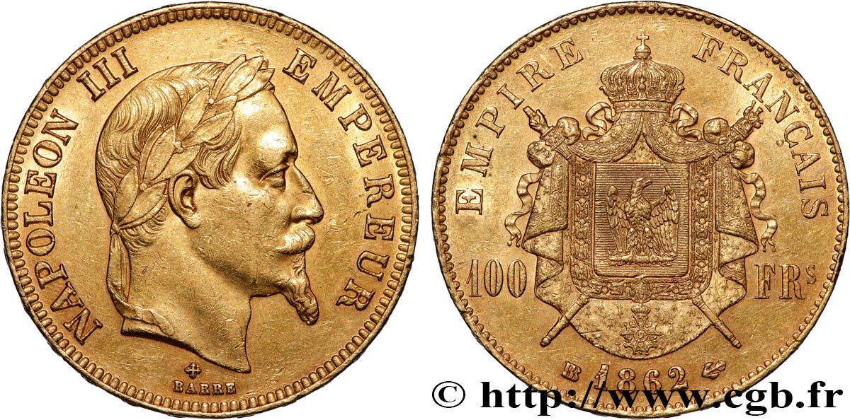 100 francs or Napoléon III tête laurée 1862 Strasbourg F.551/2 AU 