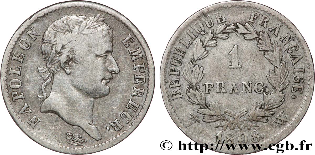 1 franc Napoléon Ier tête laurée, République française 1808 Lille F.204/15 TB 