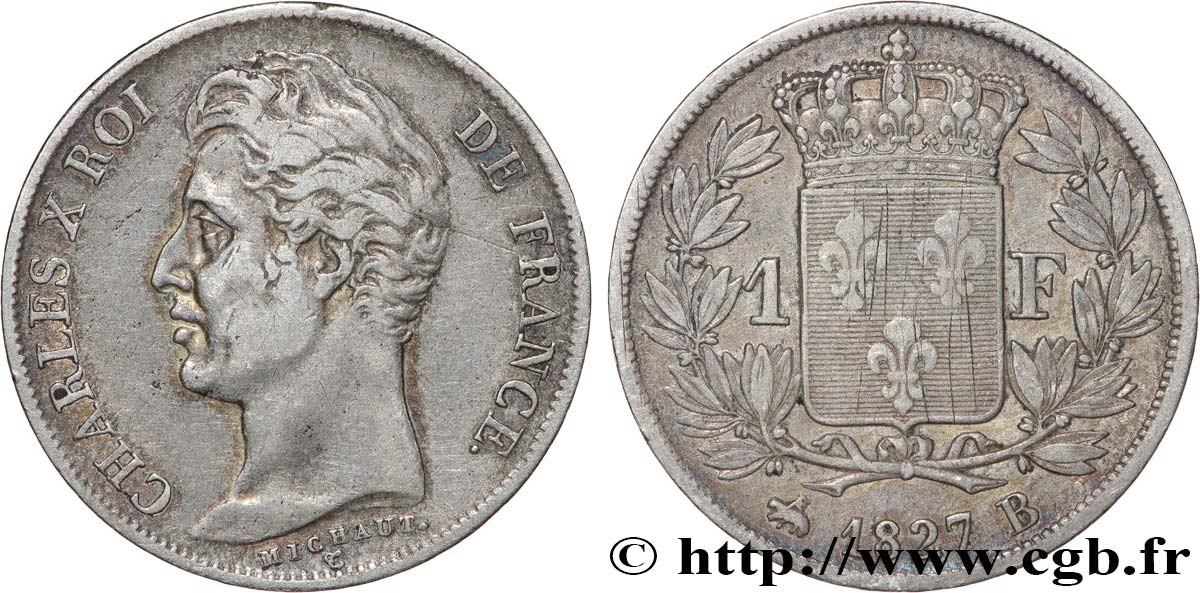 1 franc Charles X, matrice du revers à cinq feuilles 1827 Rouen F.207/26 VF 