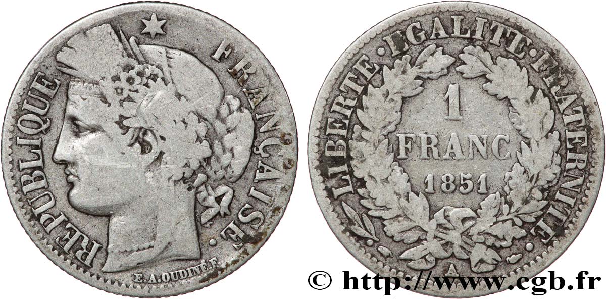 1 franc Cérès, IIe République 1851 Paris F.211/9 B12 